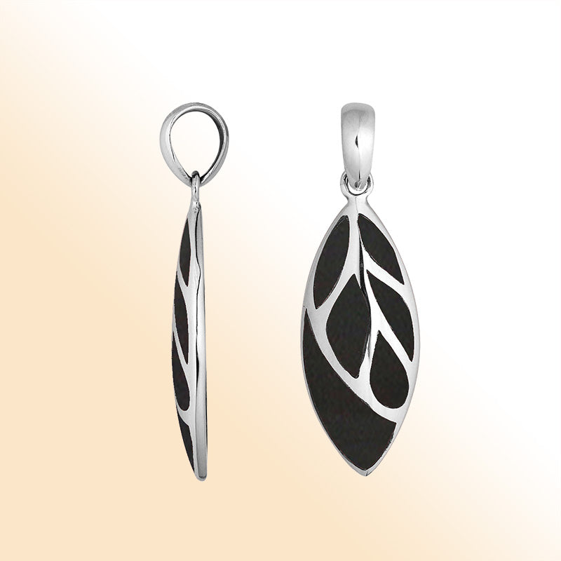 Handcrafted Sterling Silver Black Shell Leaf Pendant With Silver Vein Accents.