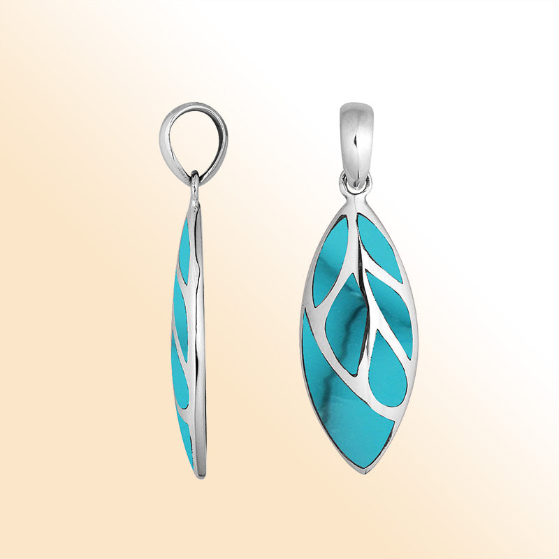 Handcrafted Sterling Silver Turquoise Shell Leaf Pendant With Silver Vein Accents.