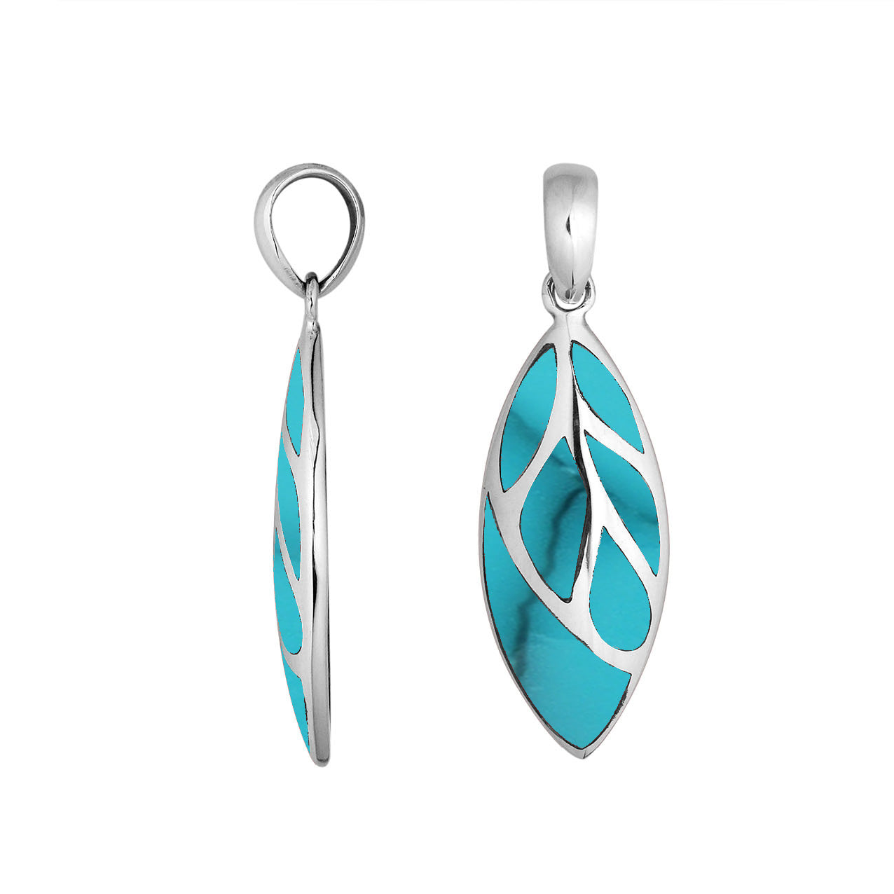 Handcrafted Sterling Silver Turquoise Shell Leaf Pendant With Silver Vein Accents.