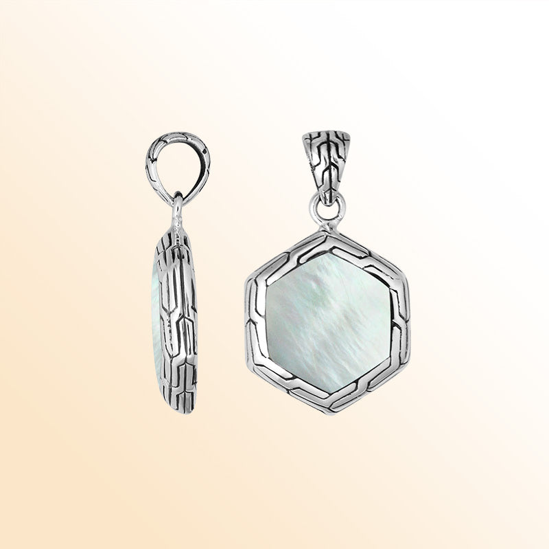 Handcrafted Sterling Silver Mother Of Pearl Hexagon Pendant With Polished Silver Frame.