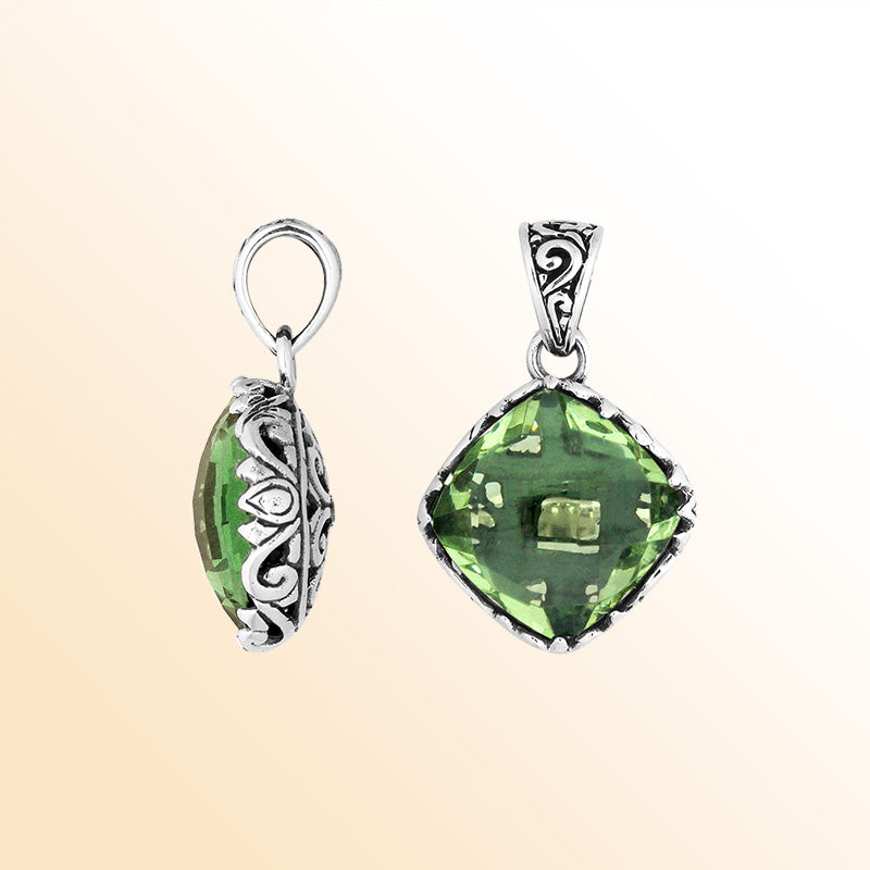 Handcrafted Sterling Silver Green Amethyst Quartz Cushion Pendant With Balinese Filigree Design.