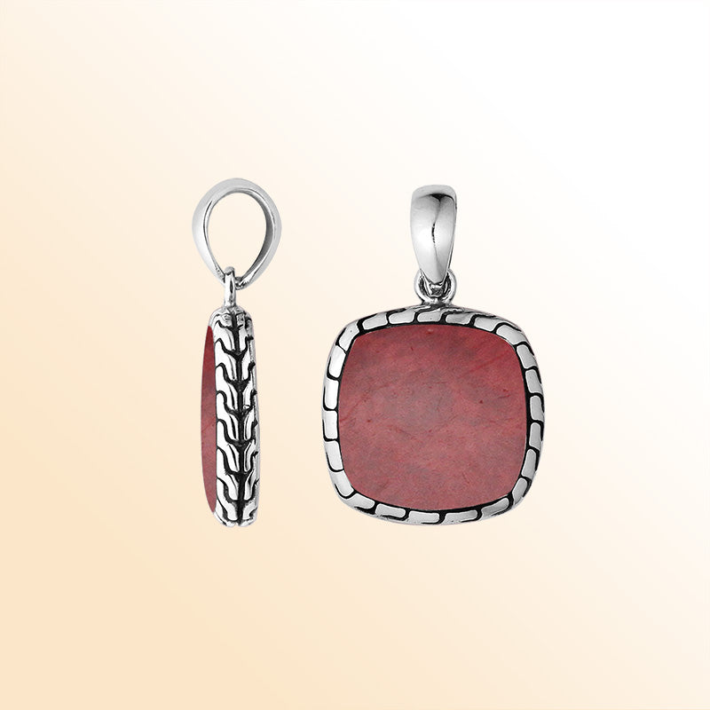 Handcrafted Sterling Silver Red Coral Cushion Pendant With Balinese Frame Design.