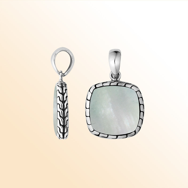 Handcrafted Sterling Silver Mother Of Pearl Cushion Pendant With Balinese Frame Design.