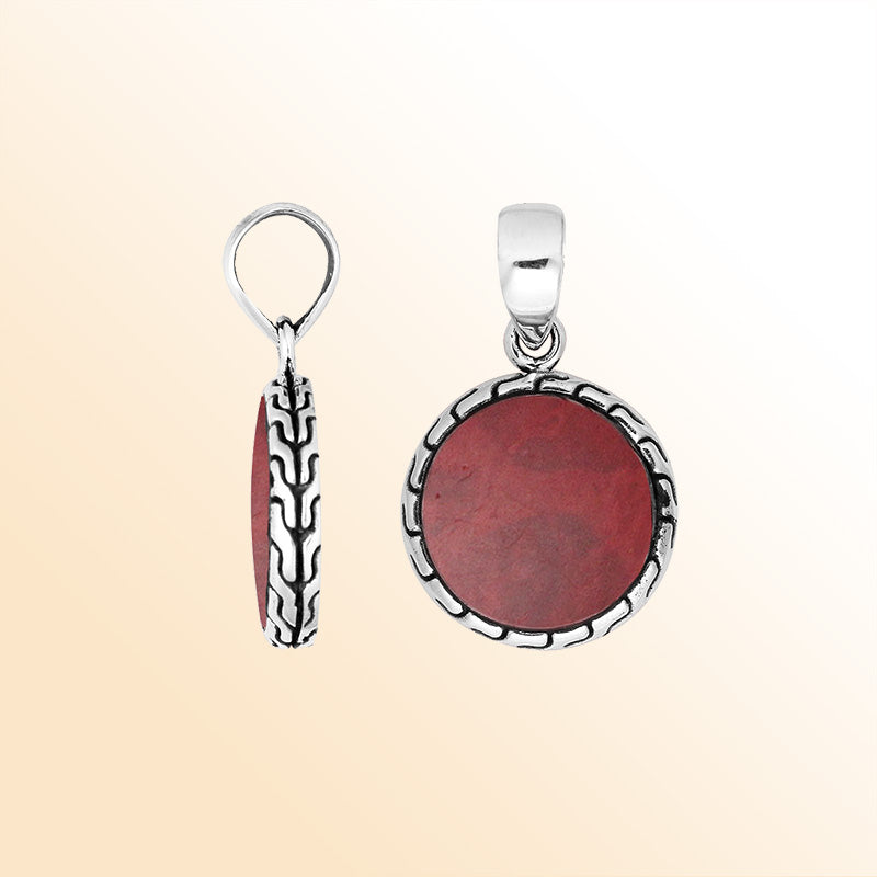 Handcrafted Sterling Silver Red Coral Round Pendant With Balinese Frame Design.