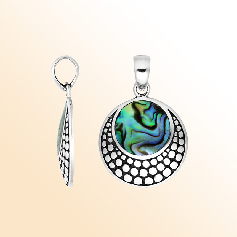 Sterling silver abalone shell round pendant with dotted Balinese frame handcrafted in Bali.