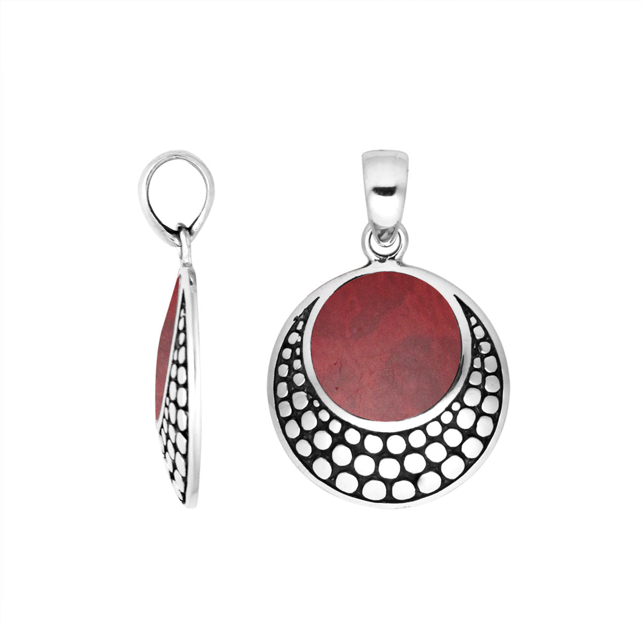 Sterling silver round pendant with red coral and Balinese dotted frame handcrafted in Bali.