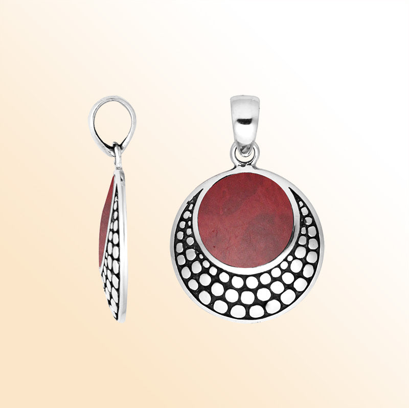 Sterling silver round pendant with red coral and Balinese dotted frame handcrafted in Bali.
