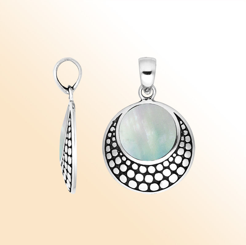 Sterling silver mother of pearl pendant with dotted Balinese frame handcrafted in Bali.