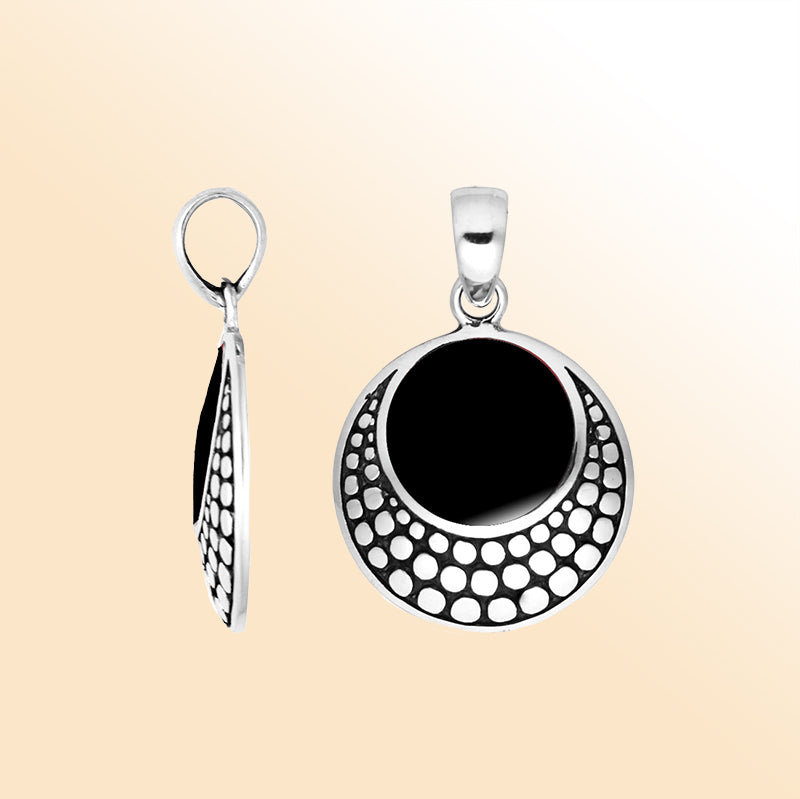Handcrafted Sterling Silver Black Shell Round Pendant From Bali With Cut-Out Oxidized Design