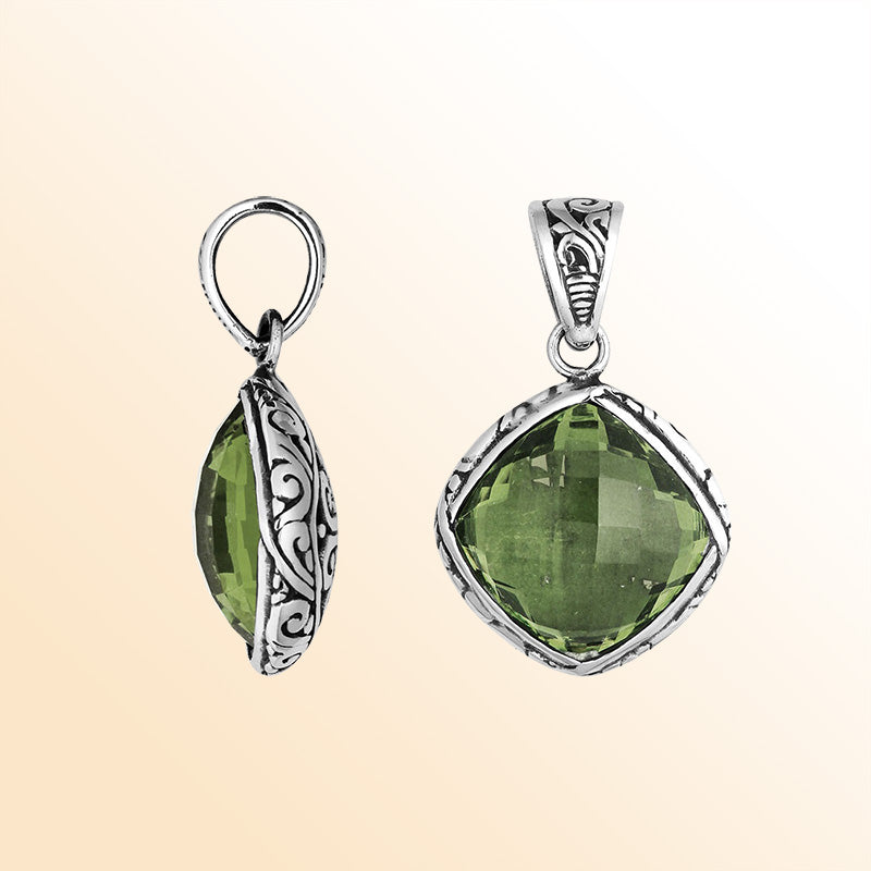 Sterling silver green amethyst quartz pendant with ornate Balinese frame handcrafted in Bali.