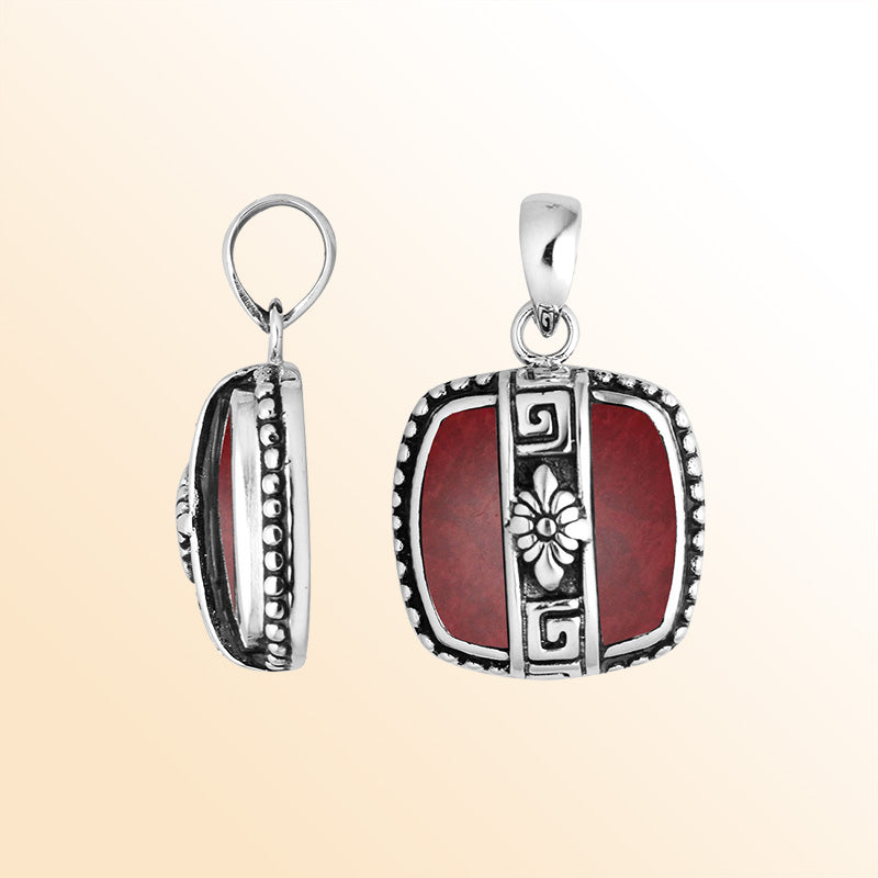 Elegant Sterling Silver Red Coral Pendant handcrafted in a square shape with Balinese floral detailing, mirror-polished surface, and exquisite artistic design for women’s fine jewelry collections.