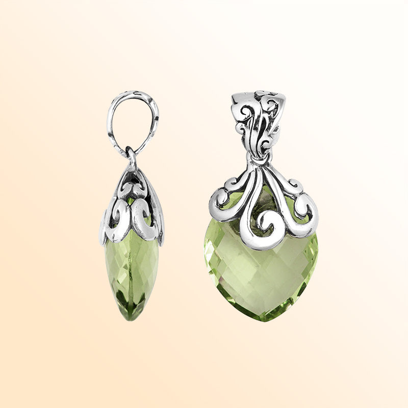 Elegant Sterling Silver Green Amethyst Quartz marquise pendant featuring swirl filigree detailing, mirror-polished finish, and soft green glow for women’s artistic jewelry collections.