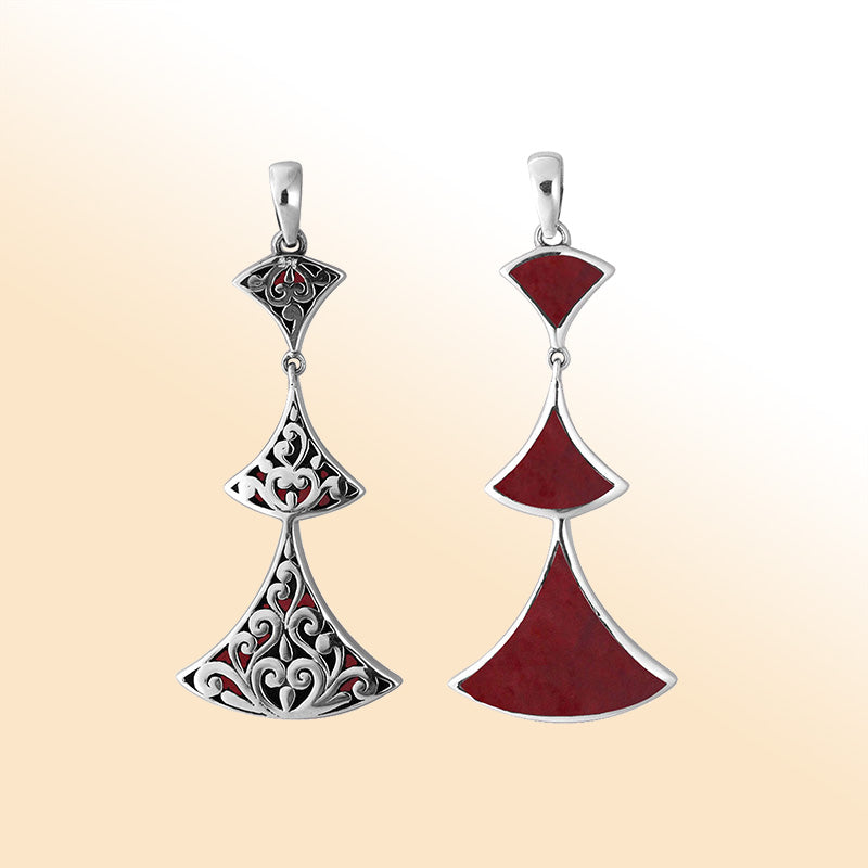 Elegant Sterling Silver Red Coral multi-tier triangle pendant with ornate scroll design, handcrafted mirror-polished finish, and rich red tone for women’s artistic jewelry.