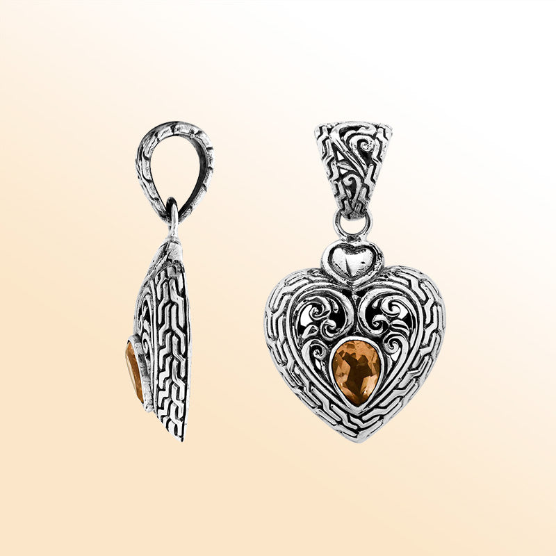 Sterling Silver heart pendant with Citrine Quartz detailed silver jewelry