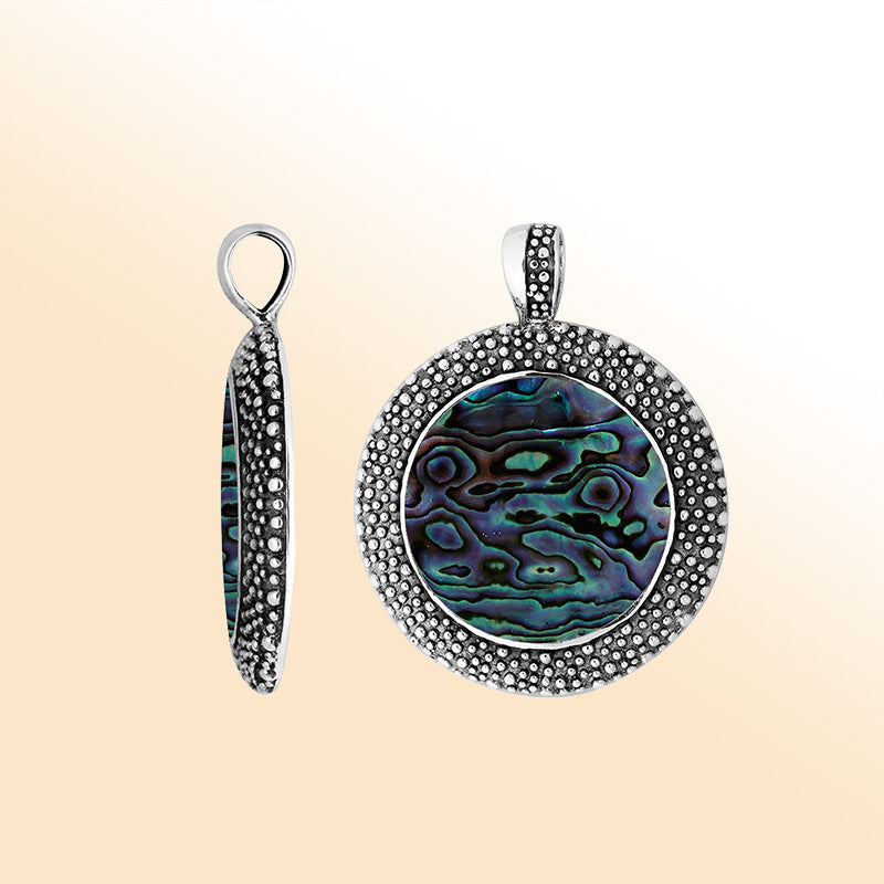 Elegant Sterling Silver Abalone Shell Round Pendant With Artistic Balinese Granulated Frame And Polished Silver Finish