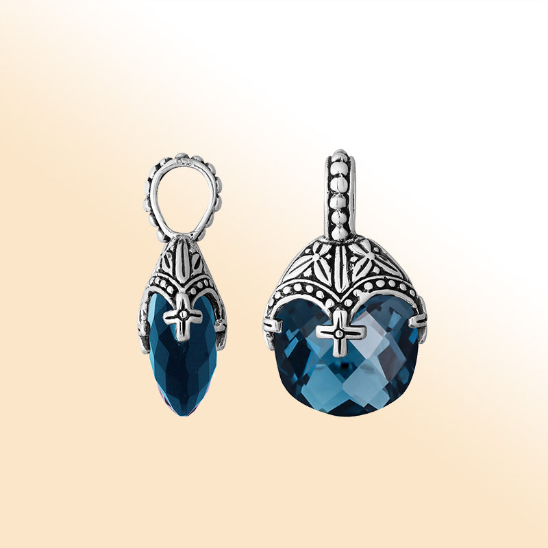 Elegant sterling silver London blue topaz quartz heart pendant with ornate Balinese handcrafted detailing