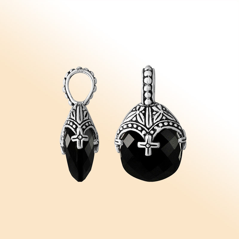 Elegant sterling silver black onyx heart pendant with ornate Balinese handcrafted detailing