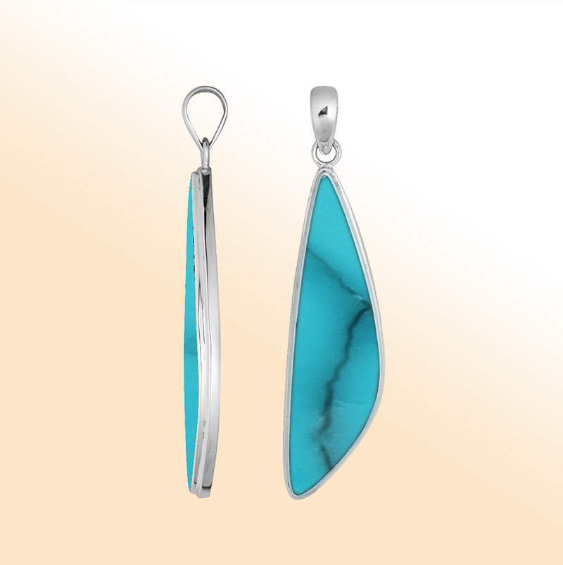 Elegant sterling silver long triangular pendant with Turquoise Shell and Balinese handcrafted detailing