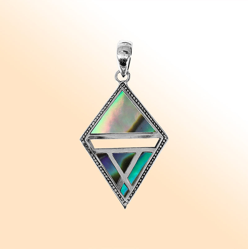 Elegant sterling silver geometric diamond pendant with Abalone Shell and Balinese handcrafted detailing