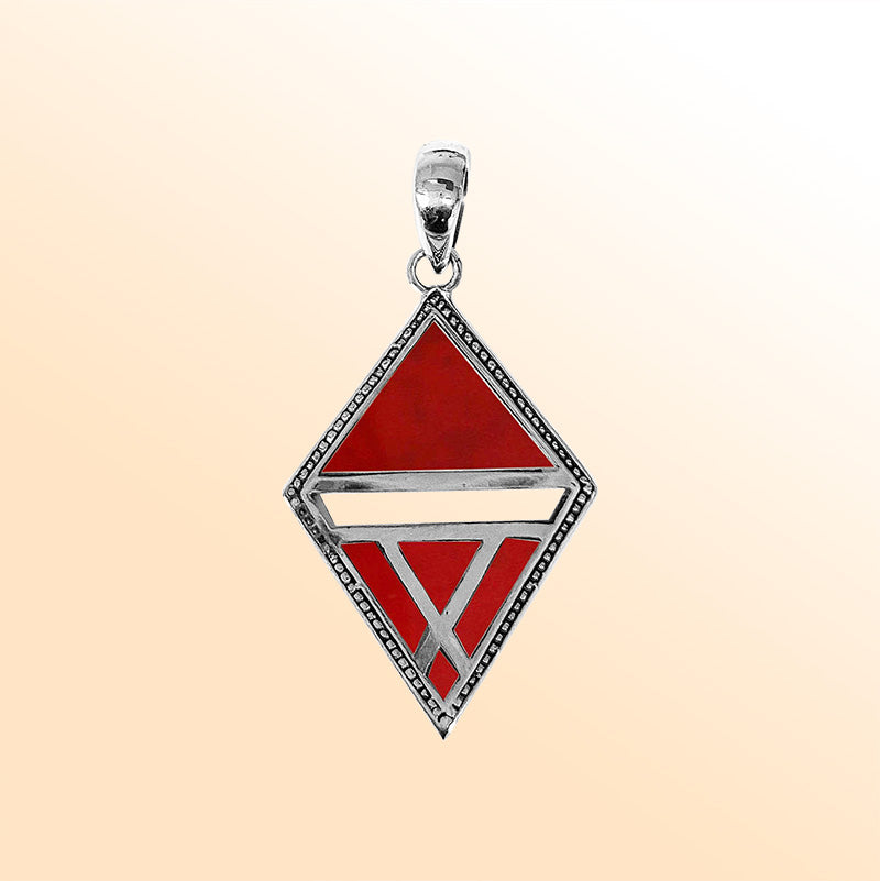Elegant sterling silver geometric diamond pendant with Red Coral and Balinese handcrafted detailing