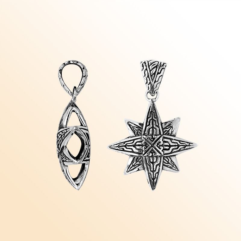 A stunning sterling silver compass star pendant handcrafted with Balinese tribal engraving and polished finish, symbolizing direction and purpose.