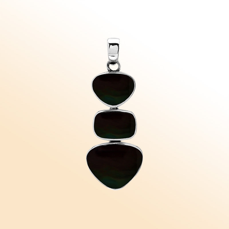 Handcrafted sterling silver triple-shape pendant with Black Shell stones, smooth polished surface, and refined Balinese artistry.