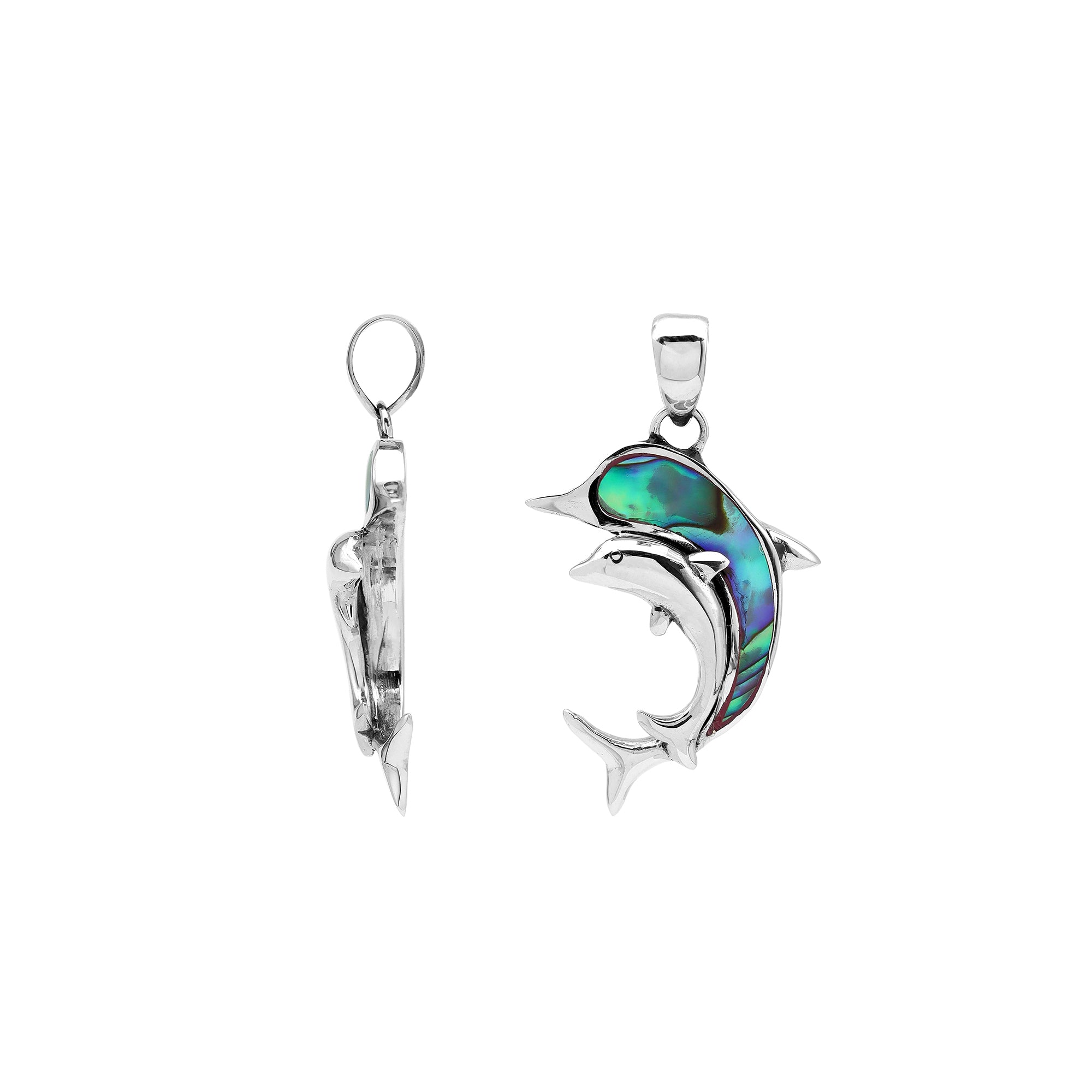 Elegant sterling silver dolphin pendant with abalone shell inlay and Balinese craftsmanship in a high-polish ocean-inspired design.