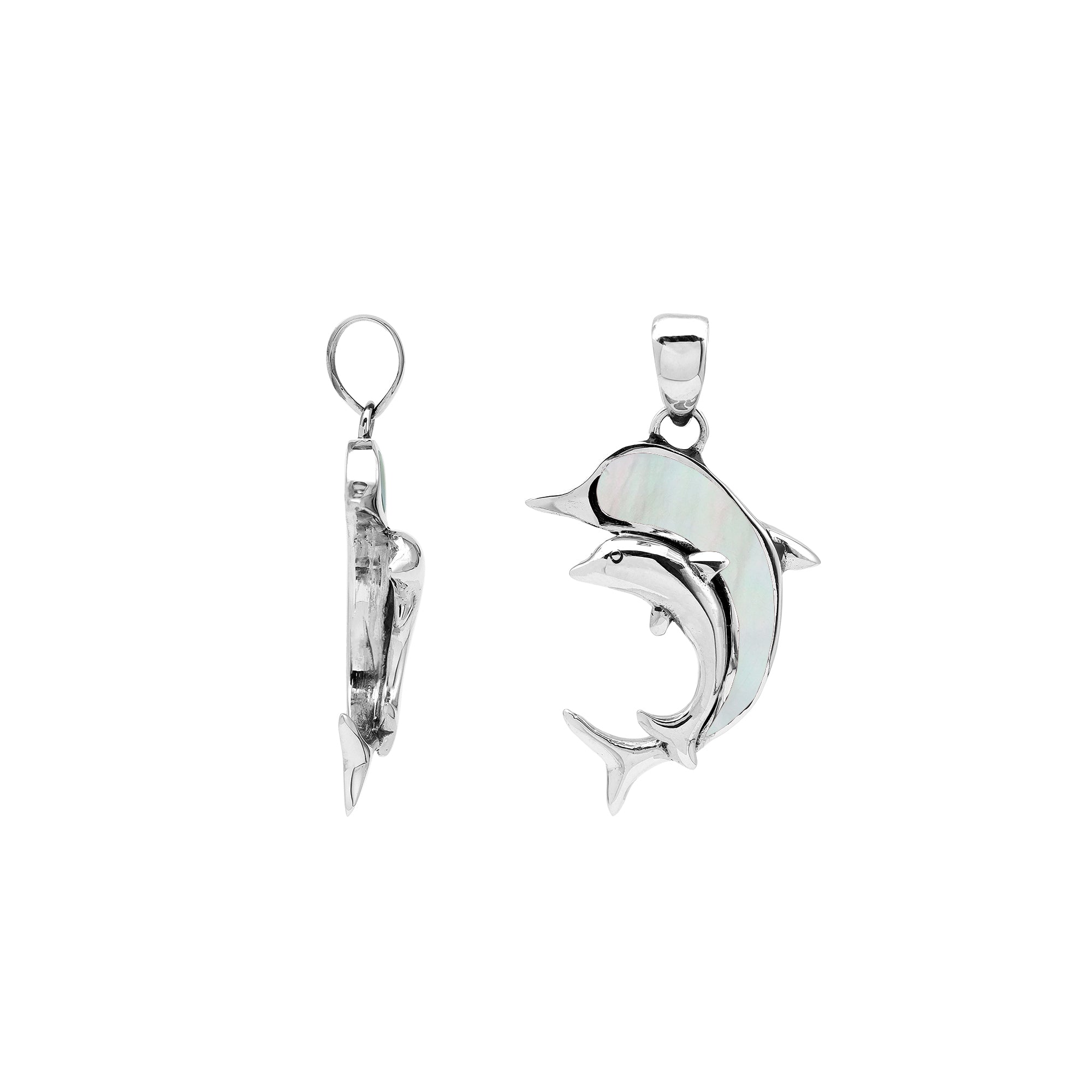 Elegant sterling silver dolphin pendant with mother of pearl inlay and Balinese craftsmanship in a polished ocean-inspired design.