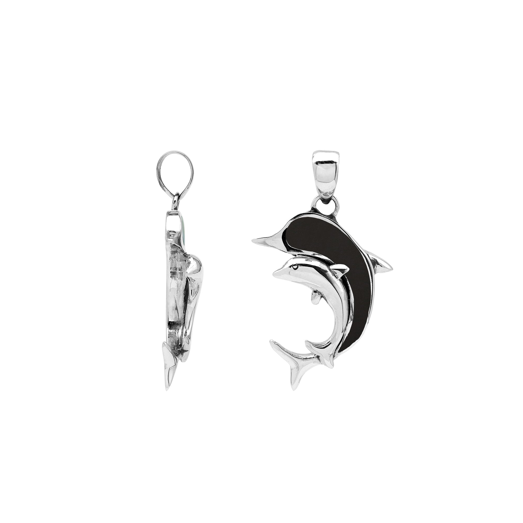 Elegant sterling silver dolphin pendant with black shell inlay and Balinese craftsmanship in a polished ocean-inspired design.
