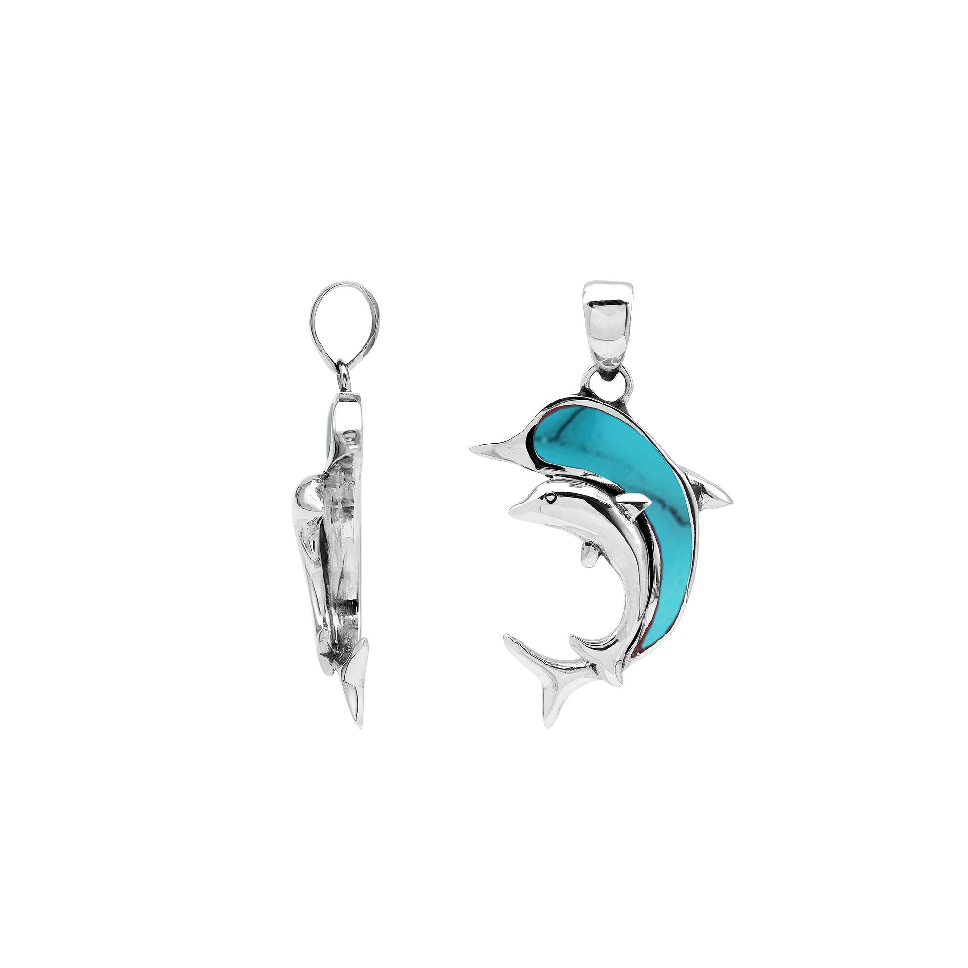 Elegant sterling silver dolphin pendant with turquoise shell inlay and Balinese craftsmanship in a polished ocean-inspired design.