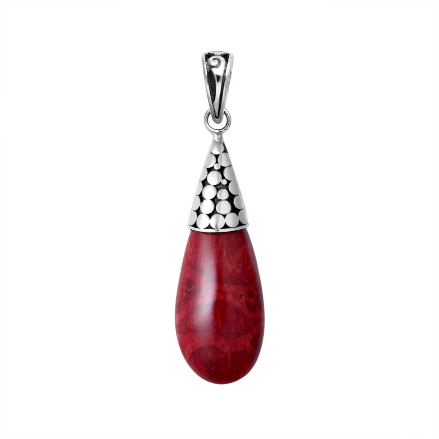 Elegant sterling silver teardrop pendant with red coral and polished Balinese dotted cap handcrafted in Bali.