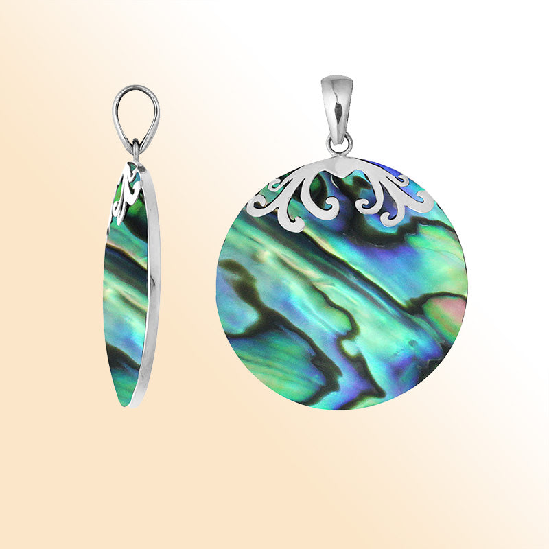 Elegant sterling silver Abalone Shell pendant with polished scroll design handcrafted in Bali.
