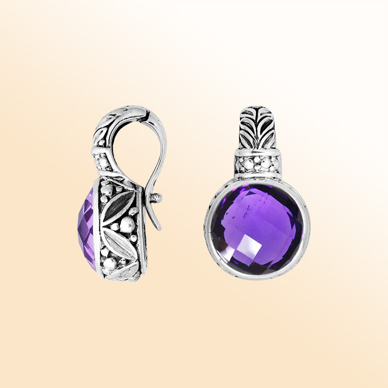 Artisan sterling silver amethyst quartz pendant with Balinese enhancer bail.