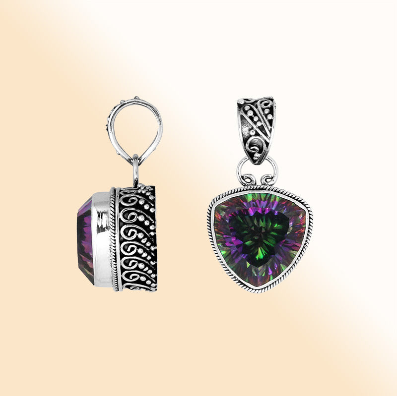 Artisan sterling silver Mystic Quartz trillion pendant with Balinese swirl accents.