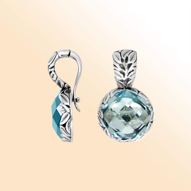 Elegant Sterling Silver Pendant Featuring Blue Topaz Quartz With Engraved Design