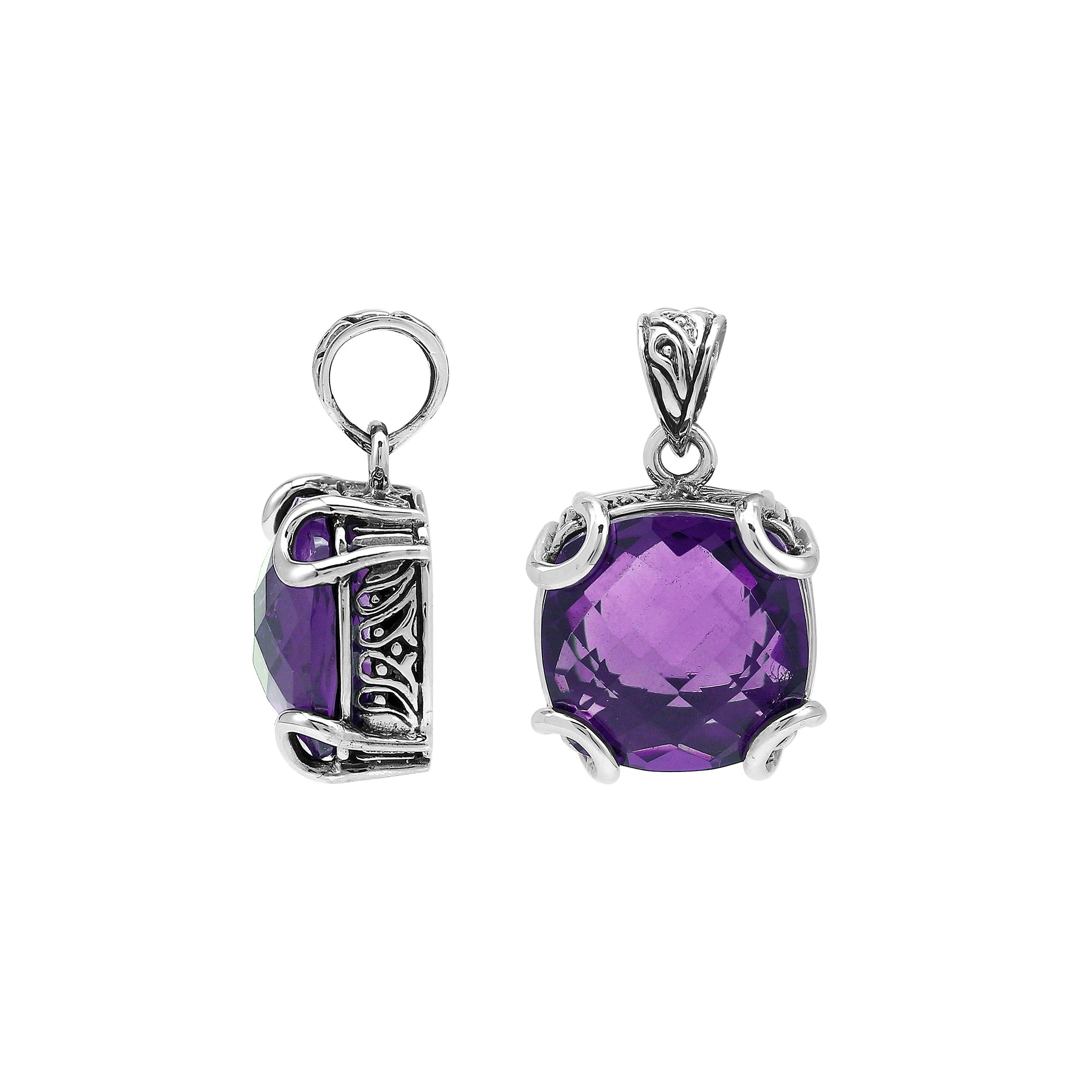 Handcrafted sterling silver cushion pendant featuring a faceted Amethyst Quartz centerpiece held with artistic prong work and fine Balinese carved detailing.