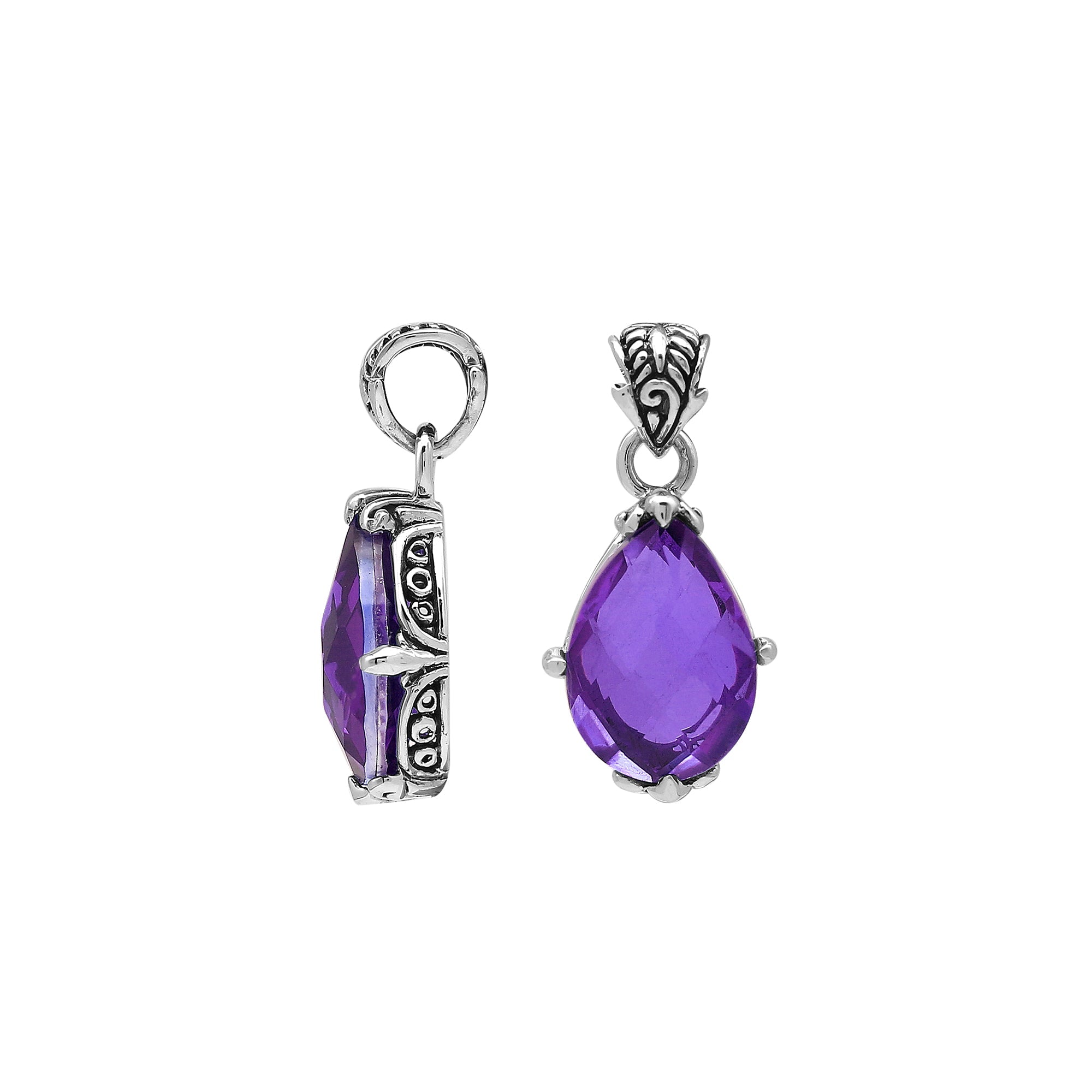 Handcrafted sterling silver pear-shaped pendant featuring a faceted Amethyst Quartz center with expressive prong work and graceful Balinese carved decorations.