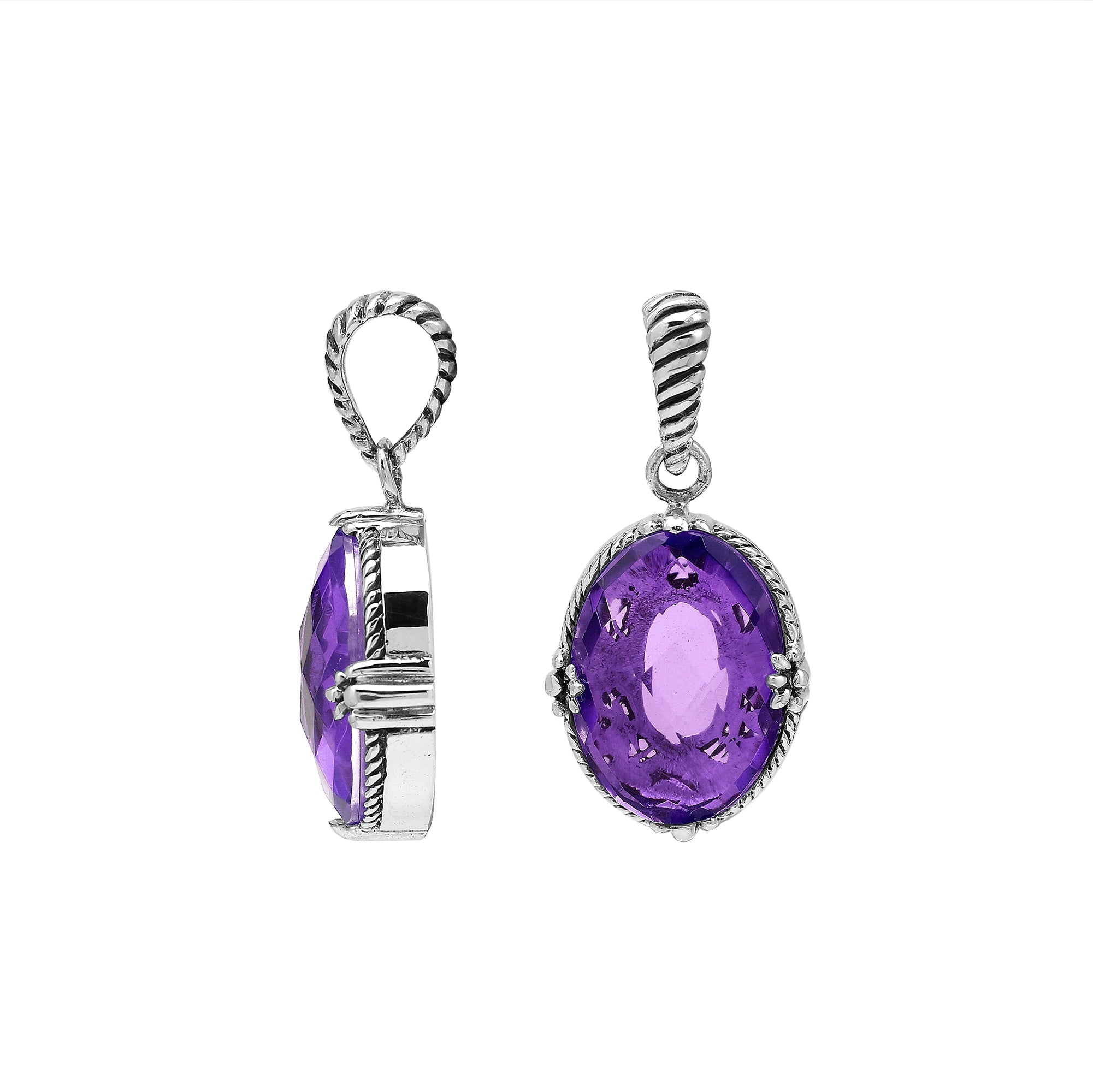 Handcrafted sterling silver oval pendant featuring radiant Amethyst Quartz and rope-textured Balinese detailing.
