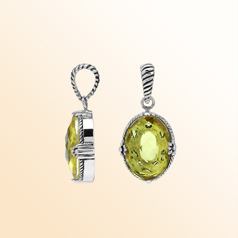 Artistic Lemon Quartz oval pendant made with polished 925 sterling silver featuring soft rope-inspired detailing and a bright modern aesthetic for stylish daily wear