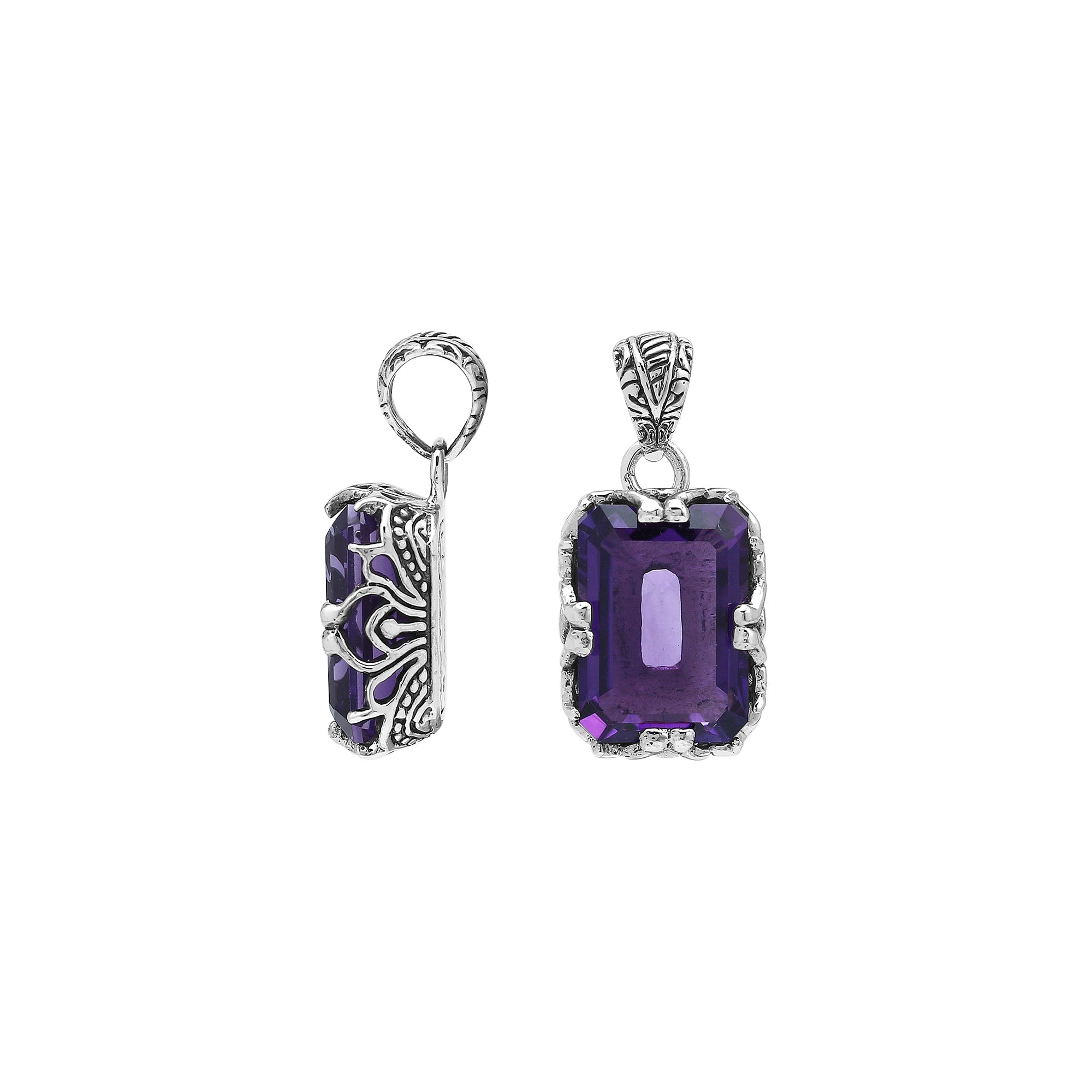 Artistic Amethyst Quartz emerald-cut pendant made in polished 925 sterling silver with filigree accents and a bold contemporary handcrafted-inspired appearance
