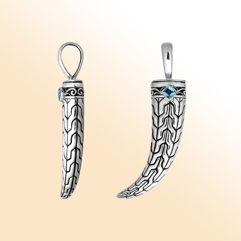 Artistic sterling silver engraved horn pendant featuring a square Blue Topaz Quartz and tribal detailing for modern expressive jewelry wearers