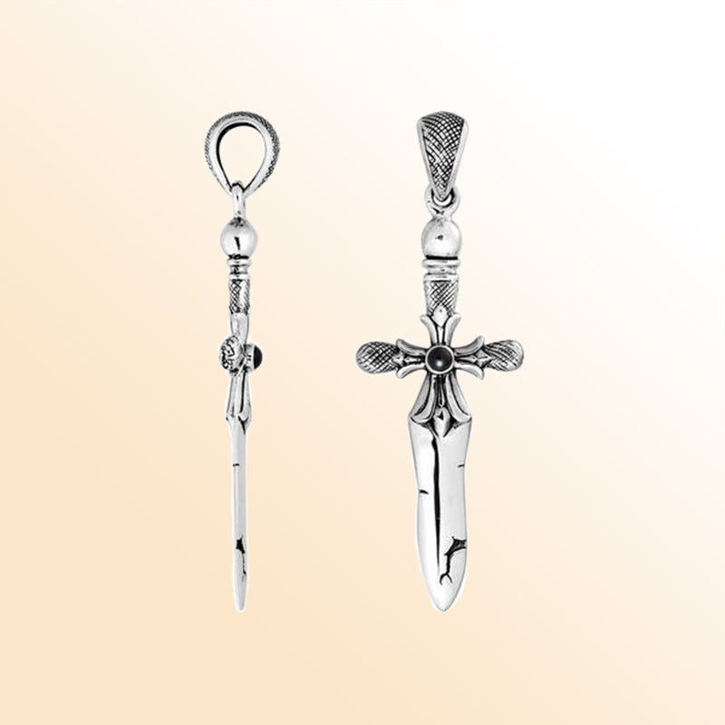 Handcrafted sterling silver sword pendant with Black Onyx and Balinese artistic detailing.