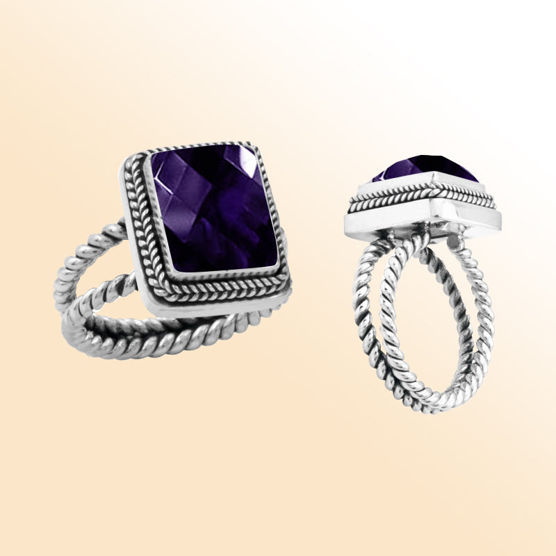 Sterling silver amethyst ring with square faceted purple quartz, rope bezel, and double rope band – elegant artisan-inspired jewelry for women.
