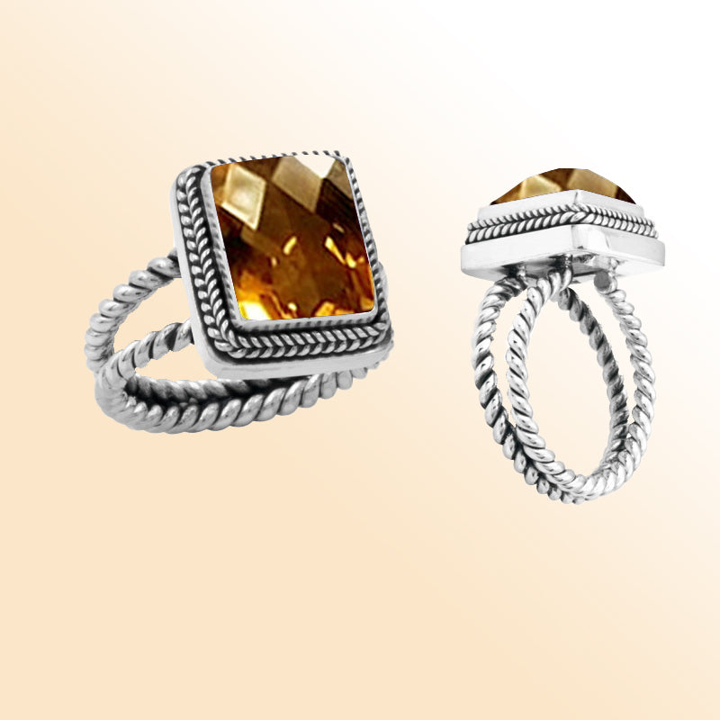 Sterling silver citrine ring with square faceted quartz, rope bezel, and double rope band – elegant artisan-inspired jewelry for women.