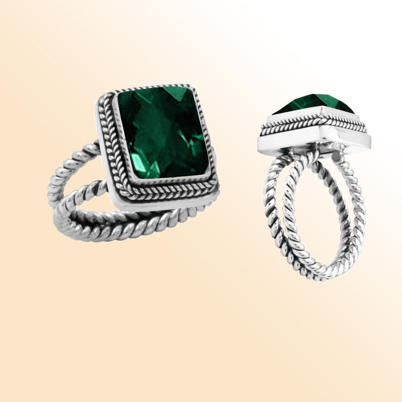 Sterling silver square-cut green quartz ring with rope-style band – bold handcrafted statement jewelry for women.