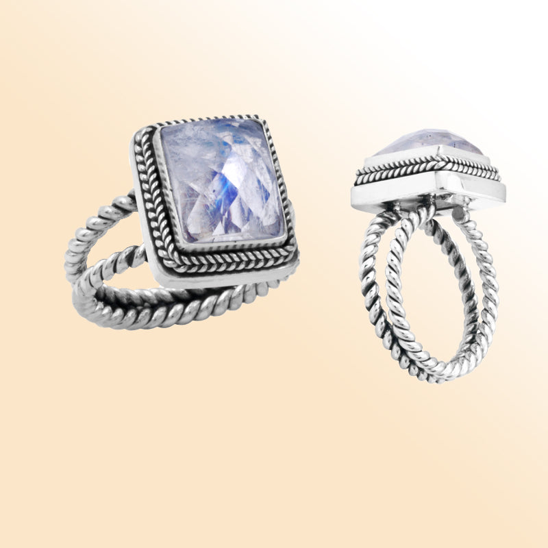 Sterling silver rainbow moonstone ring with square faceted quartz, rope bezel, and double rope band – elegant artisan-inspired jewelry for women.