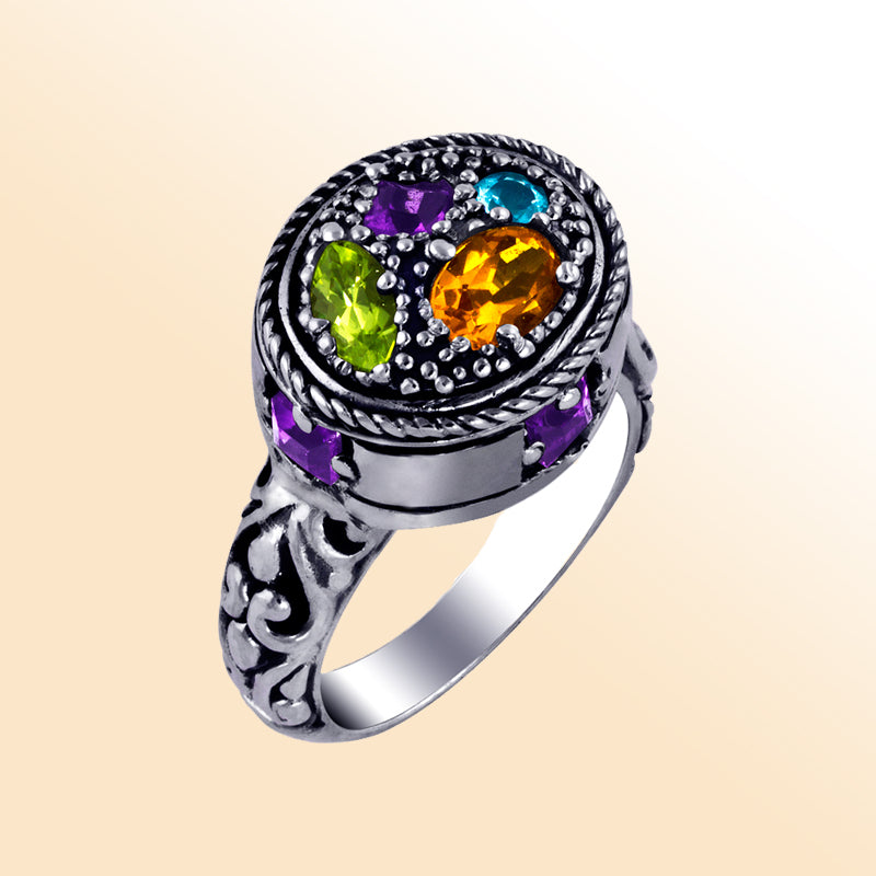 Sterling silver Bali-inspired ring with colorful quartz– Amethyst Q., Citrine Q., Blue Topaz Q., and Peridot Q. – handcrafted statement jewelry for women.