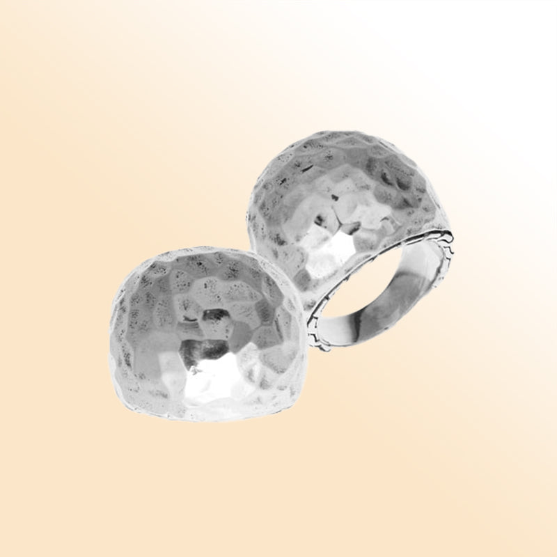 Sterling silver hammered dome ring, bold statement jewelry piece with artisan texture and polished finish for everyday wear or special occasions.