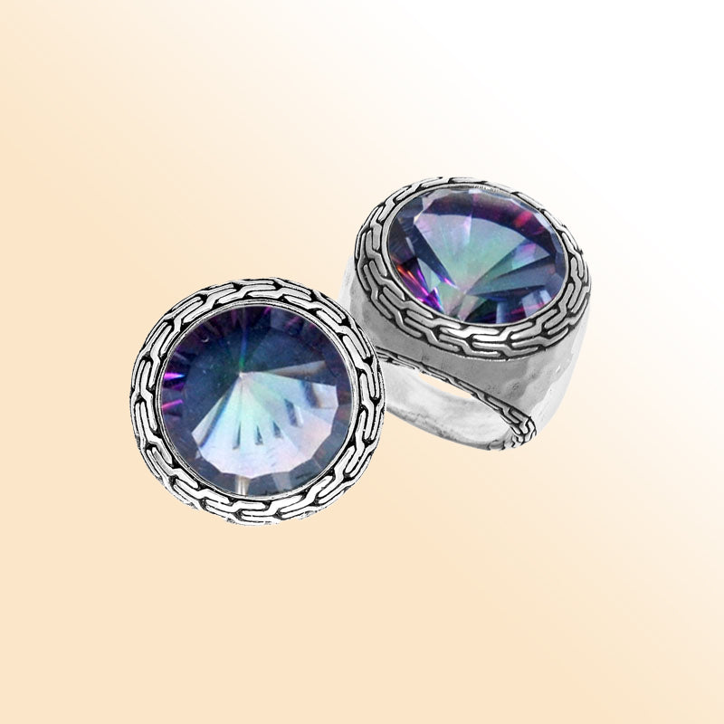 Sterling silver Mystic Topaz Quartz ring with a vibrant rainbow quartz, artisan bezel setting, and handcrafted detailing, bold statement jewelry for women.