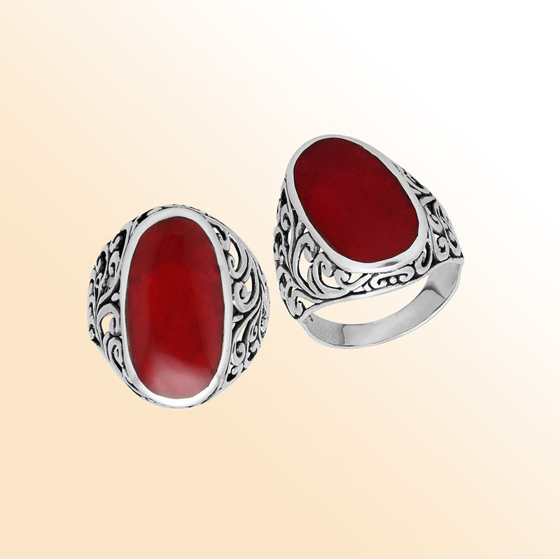 Sterling silver oval Red Coral Shell ring with detailed Bali filigree and oxidized finish, handcrafted artisan statement jewelry for women.